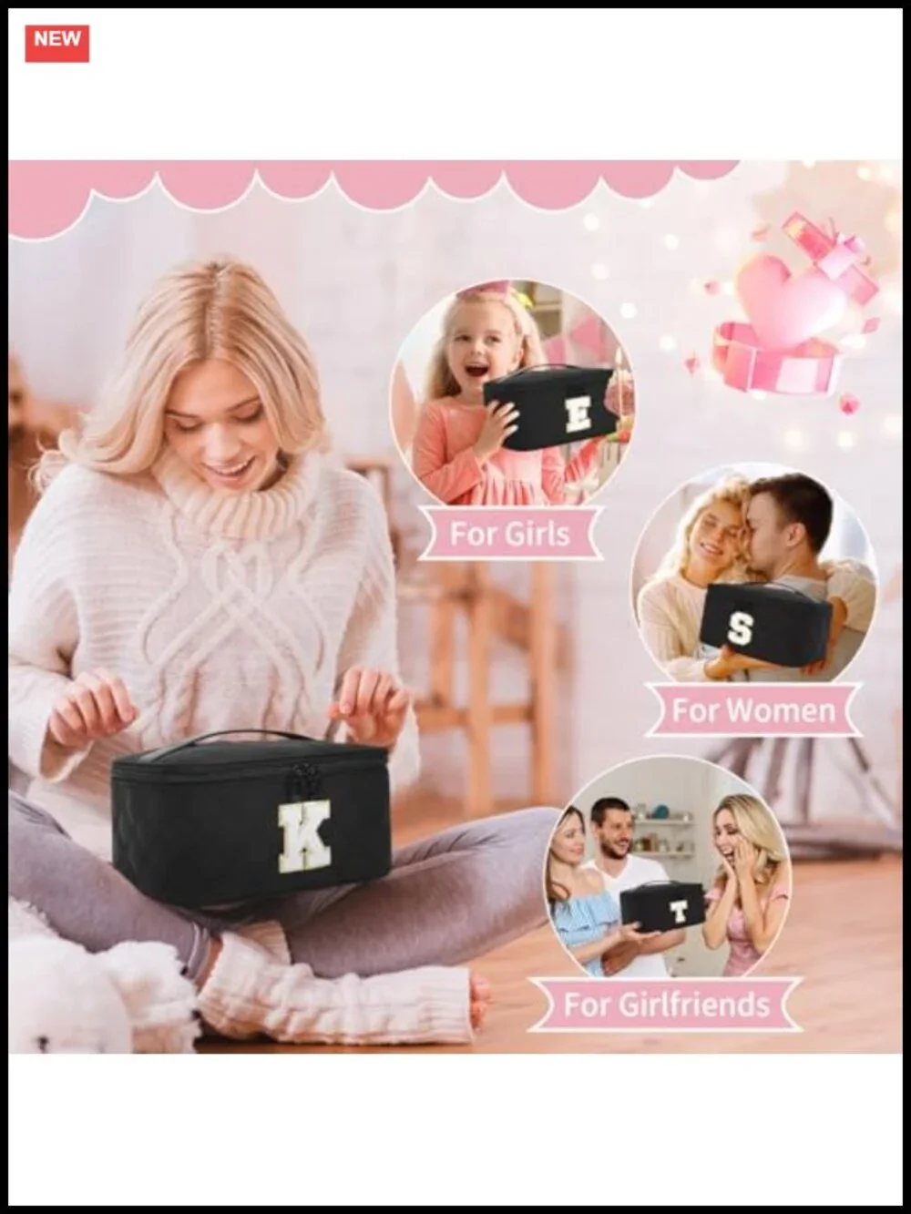 Makeup Bag for Women, Travel Cosmetic Case Organizer with Initial, Nylon,